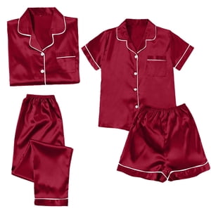 ZJXFGS Ensembles de pyjamas d'été pour femmes, Pyjama en soie, Pysama satiné pour femmes 4 Pièces Pyjamas manches courtes Vêtements de nuit et shorts ensemble Femmes Vêtements de salon, pyjama femme Set rouge 5XL