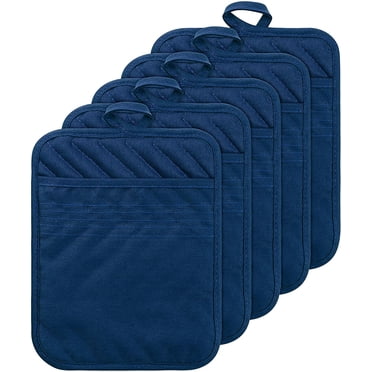 5 Pack Cotton Pocket Pot Holder Set Kitchen Heat Resistant Potholder Machine Washable Terry Cloth Potholders Bulk Oven Mitts Black Plain Hot Pads Trivet for Baking Cooking with Pocket