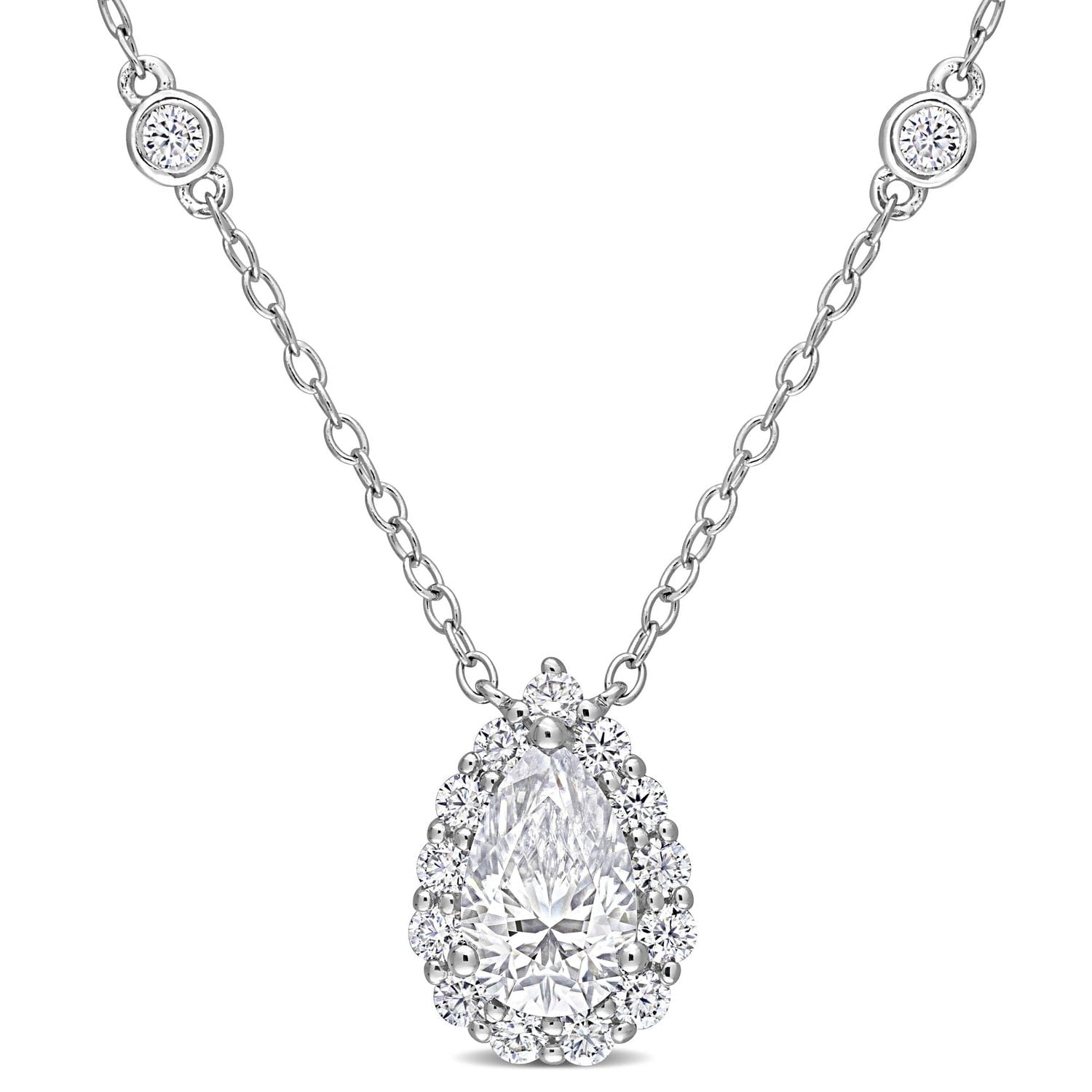 Collier en forme Poire à Auréole Miabella avec 1-1/2 Carat PBT de Moissanite en Argent Sterling