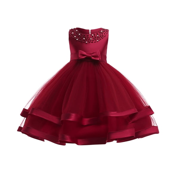 Birthday Dresses for Girls Toddler Girls Solid Color Pearl Net Yarn Bowknot Birthday Party Flowers Gown Kids Dresses