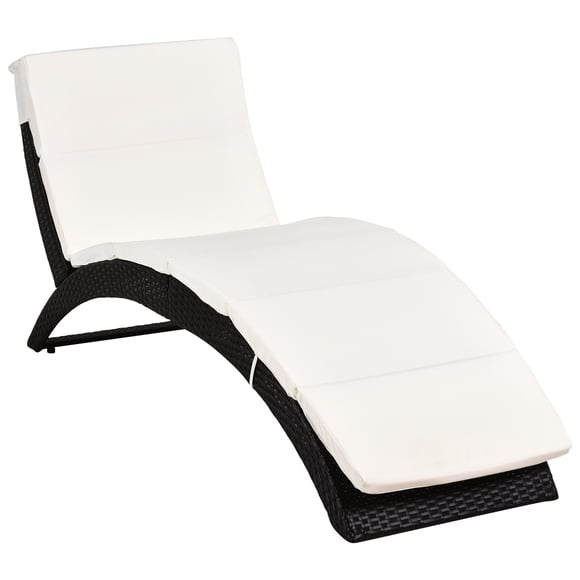 Outsunny Patio Rattan Chaise lounger wicker Foldable Reclining Backrest PE Rattan Outdoor Lounge Chair, Recliner with Cushion for Garden, Backyard, Lawn,Balcony, Beige