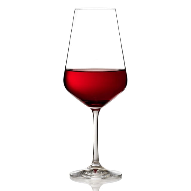 RUBY RED WINE GLASSES 18.5OZ BX/4 clear lead-free crystal glass with a tall tapered bowl filled halfway with ruby red wine, featuring a laser cut fire-polished rim and slender stem, dishwasher safe and suitable for red wine serving or tasting.