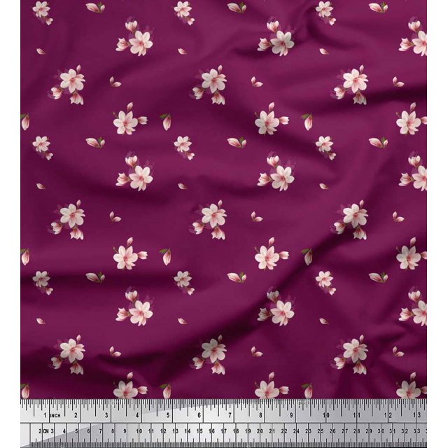 Soimoi Poly Georgette Fabric Leaves & Magnolia Floral Decor Fabric Printed Yard 52 Inch Wide