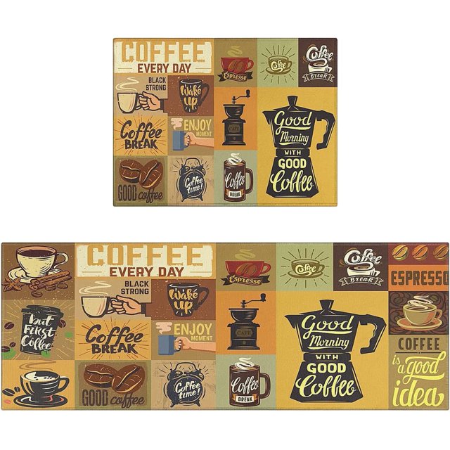 Coffee Kitchen Rugs and Mats for Floor 2 Piece Set Non Skid Rubber Washable Kitchen Rug Runner Coffee Decor