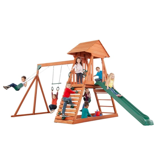 Cedar Chalet Playset with Wooden Roof, Sandbox & Slide