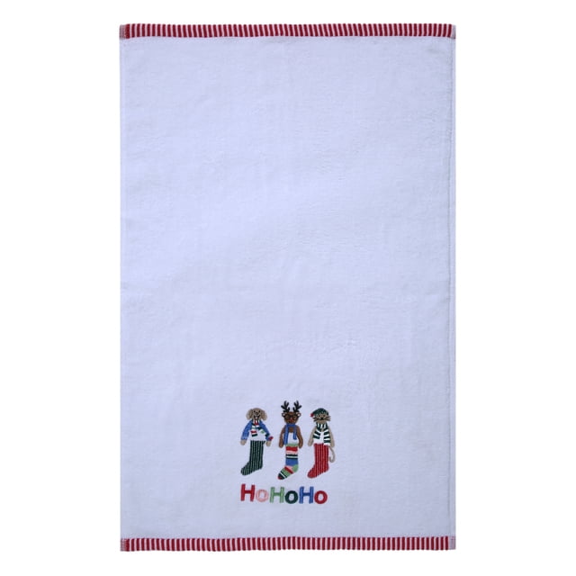 Holiday Time Stocking and Stuffers Embroidery Hand Towels, 2-Pack featuring white 100% cotton hand towels with red and white striped edges, embroidered with three festive Christmas stockings and 'HoHoHo' text, suitable for holiday kitchen or bathroom decoration.