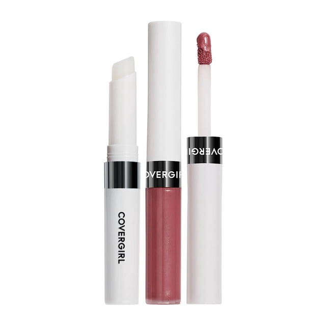 COVERGIRL Outlast All-Day Lipcolour showing a white lip balm tube, a mauve-pink long-lasting lip colour tube with white cap, and a white applicator wand with transfer-resistant mauve-pink lip colour on the tip, all with black and white COVERGIRL branding on a white background, ideal for up to 24 hours of wear and moisturizing lips.