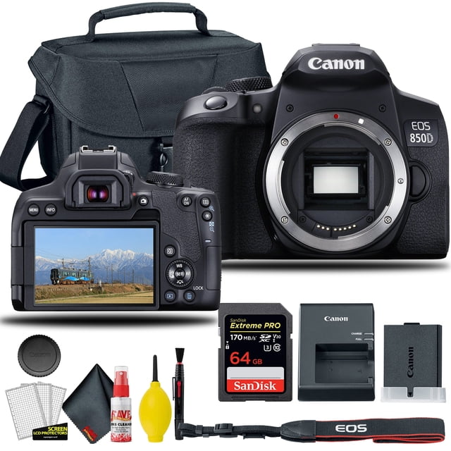 Canon EOS 850D / Rebel T8i DSLR Camera (Body Only) bundle including the camera body, Canon EOS camera bag, SanDisk Extreme Pro 64GB SDXC memory card, and 6AVE Electronics cleaning set. The camera features a 24.1MP sensor, Dual Pixel CMOS AF, and a 45-point all cross-type AF system for precise focus and tracking. Additional accessories include a table-top tripod, lens cleaning kit, blower brush, lens pen cleaner, battery charger, and strap. The rear view of the camera displays a vari-angle touchscreen showing a scenic image. This bundle is designed for capturing detailed photos and 4K videos with advanced creative control.
