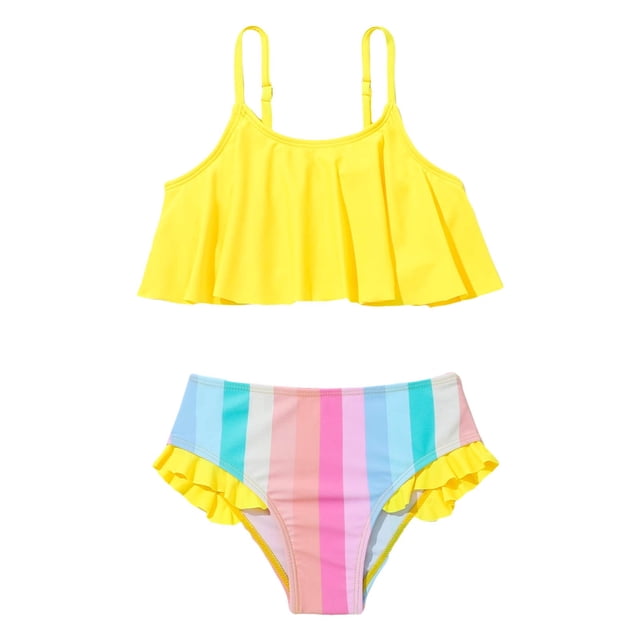 Girls Swimsuits 2 Piece Beach Tankini Swimsuits Striped Ruffle Beach Bathing Suit 4-5 Years