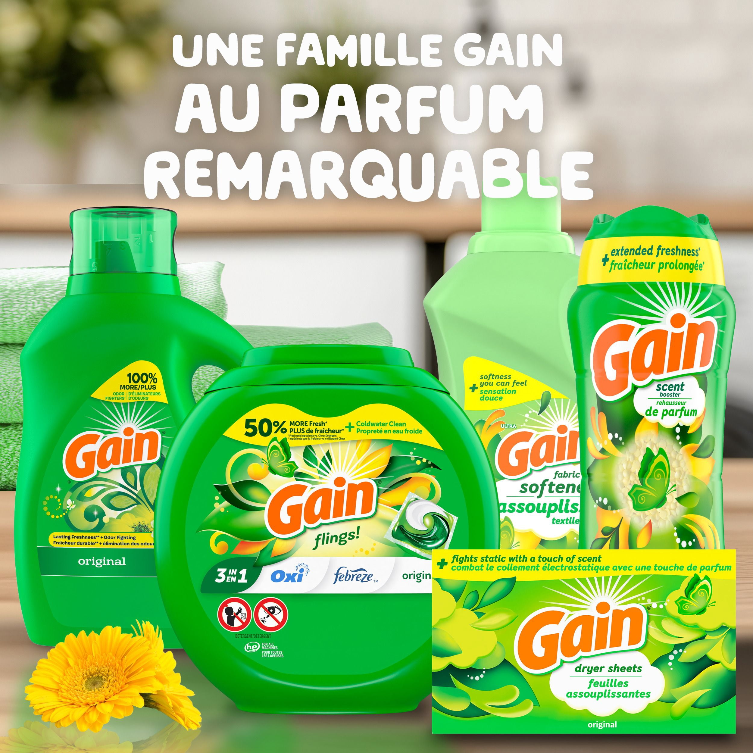 Détergent à lessive liquide Gain, parfum Original, 1,24 L, 32 brassées, fraîcheur + élimination des odeurs, savon nettoyant liquide haute efficacité pour laveuse