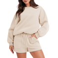 thumbnail image 2 of IROINNID Survêtement pour Femmes Ensemble 2 Pcs Rabais Blouse à Col Rond Hauts à Manches Longues Chandail Shorts Ensemble Décontracté Ensemble de Jogging, Kaki, 2 of 9