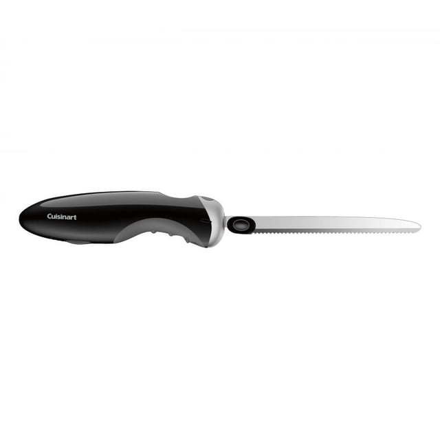 Cuisinart Stainless Steel Corded Electric Knife with a black ergonomic handle suitable for right and left handers, serrated stainless steel blade that is removable and dishwasher safe, featuring one-touch on/off control and a 5-foot cord for precise slicing of meats, bread, and vegetables.