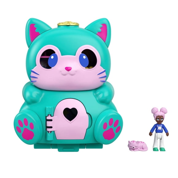 Polly Pocket Flip & Find Cat Compact, Dual Play Surface, Micro Doll, Cat Figure
