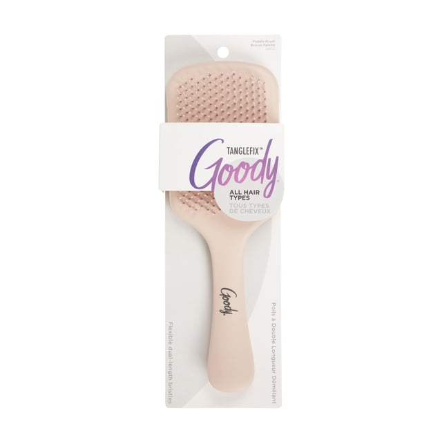GDY TANGLEFIX Goody pastel pink paddle hair brush with flexible dual-length bristles and rounded tips for gentle detangling of all hair types, shown in retail packaging with brand logo and product details, ideal for daily hair care.