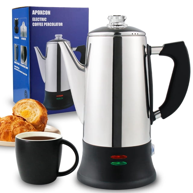 APOXCON Percolateur à Café Électrique Cafetière en Acier Inoxydable avec Verre Résistant à la Chaleur, Bouton de Progression d'Infusion Transparent, Maintien au Chaud et Sans Fil