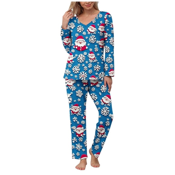 YOIAVAIOY Women Christmas Print Pajama Set Color Block Xmas Graphic Pajama Sets 2 Piece Crew Neck T Shirts and Wide Leg Pants Casual Sleepwear Matching Set Purple XL
