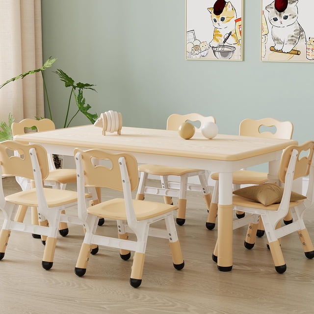 GloryStar Height Adjustable Kids Table and 6 Chairs Set - Graffiti Desktop, Easy-to-Clean Arts & Crafts Table with Non-Slip Legs, Detachable Storage Box for Daycare, Classroom, and Home