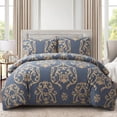 thumbnail image 4 of Marina Decoration Ultra Soft Silky Zipper Rich Printed Rayon from Bamboo All Season Duvet Cover Set with Pillowcases, Gold Damask Navy Blue Pattern, 4 of 7