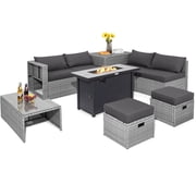 Patiojoy 9 PCS Patio Furniture Set with 42" 60,000 BTU Fire Pit Outdoor Space-Saving Sectional Sofa Set with Storage Box Gray