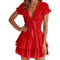 thumbnail image 1 of Robe d'Été Fluide pour Femmes Mini Robe à Nouer devant Col en V Manches Courtes Plissée A-Li, 1 of 5