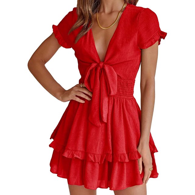 Robe d'Été Fluide pour Femmes Mini Robe à Nouer devant Col en V Manches Courtes Plissée A-Li