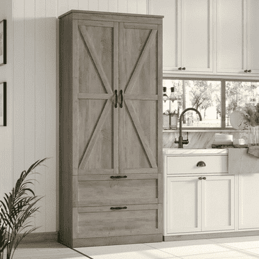 Homfa 70'' Tall Kitchen Pantry with Shelf & Drawer, Farmhouse 2 Door Pantry Storage Cabinet for Dining Room Living Room, Wash Gray