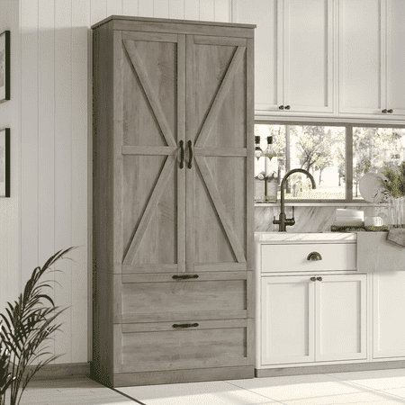 Homfa 70'' Tall Kitchen Pantry with Shelf & Drawer, Farmhouse 2 Door Pantry Storage Cabinet for Dining Room Living Room, Wash Gray