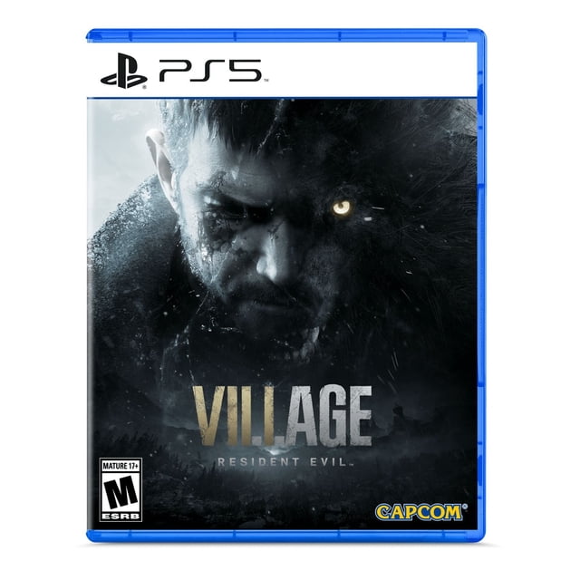 Resident Evil Village (PS5) game case with dark, atmospheric cover art featuring a snowy forest background and the title 'VILLAGE' in large weathered letters above 'RESIDENT EVIL,' including the Capcom logo and ESRB Mature 17+ rating, designed for PlayStation 5 action-adventure gaming.