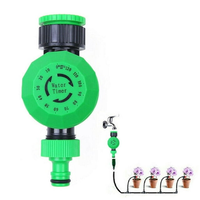 Dvkptbk Watering Timer Mechanical Watering Hose Timer in green, featuring a large ergonomic dial for timed watering up to 120 minutes. This sprinkler timer is designed for garden hoses and outdoor irrigation systems, with a built-in filter screen to prevent impurities and a universal nipple connector for easy attachment. Ideal for yards, lawns, and gardens.