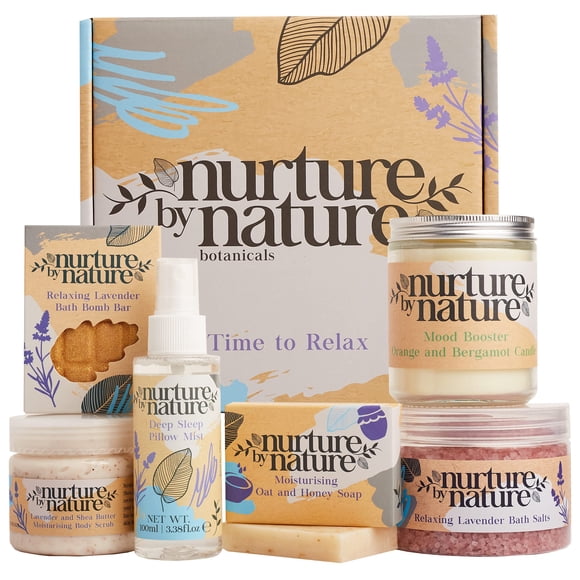 Nurture by Nature RELAX & CALM Spa Kit - Mothers Day Gift - Spa Gift Baskets For Women, Complete Bath Sets for Women Gift - Lavender Pillow Mist, Bath Salts, Bath Bomb -