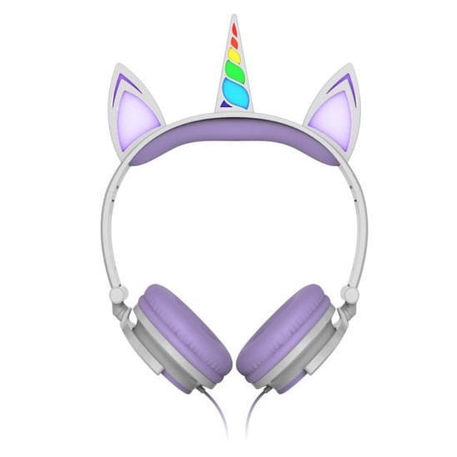Art+ Sound Unicorn Écouteurs Filaires avec Lumières DEL Dotés d'Un Serre-Tête Blanc Ajustable, de Coussinets d'Oreille Lavande, d'Un Klaxon Unicorn à DEL Arc-en-Ciel et d'Oreilles Unicorn Assorties, Filaires avec une Prise audio de 3,5 mm pour une Écoute Confortable et un style Ludique pour les Enfants.