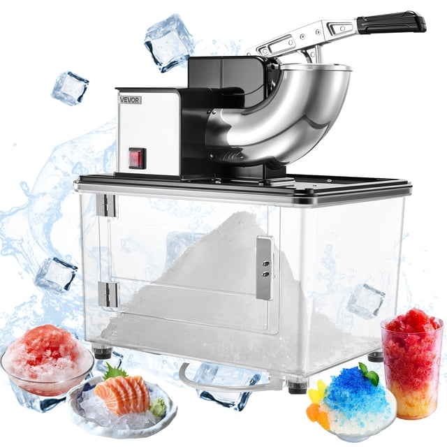VEVOR Commercial Ice Crusher 661LBS/H Electric Snow Cone Maker Shaved Ice in black with a stainless steel exterior and a transparent ice box. Features include a large ice inlet, splash-proof outlet, and non-slip rubber feet for stability. The machine is shown with crushed ice, snow cones, and seafood on ice, highlighting its versatility for restaurants, bars, and parties.
