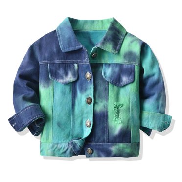 Jsaierl Toddler Kids Baby Boys Girls Tie Dye Denim Jackets Long Sleeve Lapel Button Down Jeans Coat Cowboy Overcoat Casual Trendy Thick Outwear