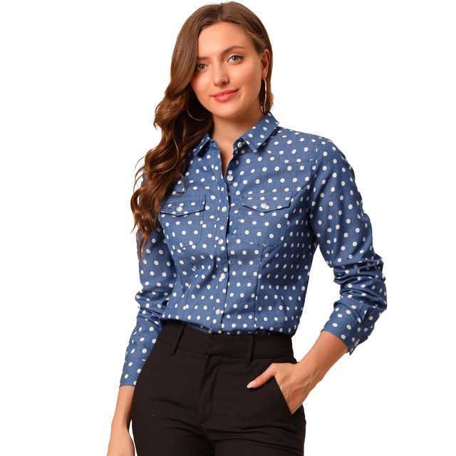 INSPIRE CHIC Chemise à Pois pour Femme à Col Pointu, Manches Longues, Boutonnée