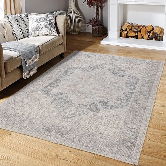LaDole Rugs 8x10 Living Room Large Premium Cotton Washable Area Rug | Rustic Home Decor Boho Carpet For Living Room, Bedroom, Dining Floor |Grey Ivory