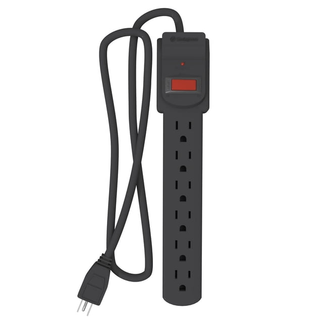 Westinghouse 1080J Surge Protector power strip with six grounded outlets in a vertical black design, featuring a red lighted ON/OFF switch with resettable circuit breaker, red power indicator light, and a 0.9m (3-foot) black vinyl cord with three-prong plug, ideal for protecting electronics from power surges.