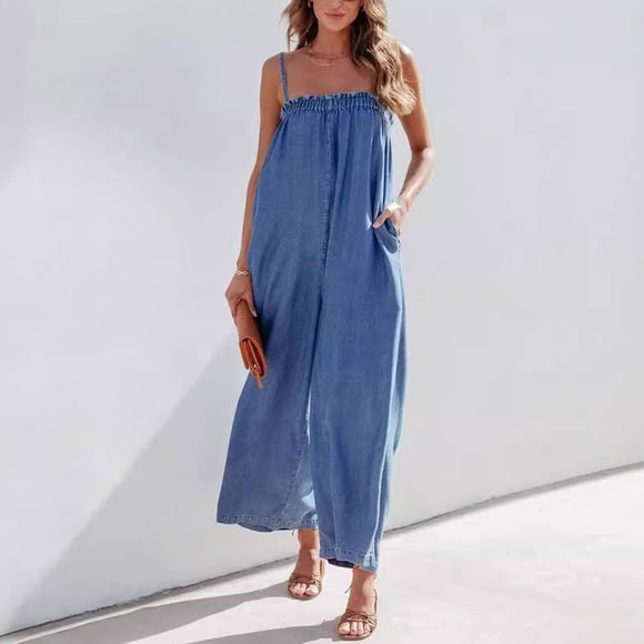 Ailaofu Women's Summer Denim Jumpsuit, Fashionable Spaghetti Strap Wide Leg Pants, Versatile Casual Romper