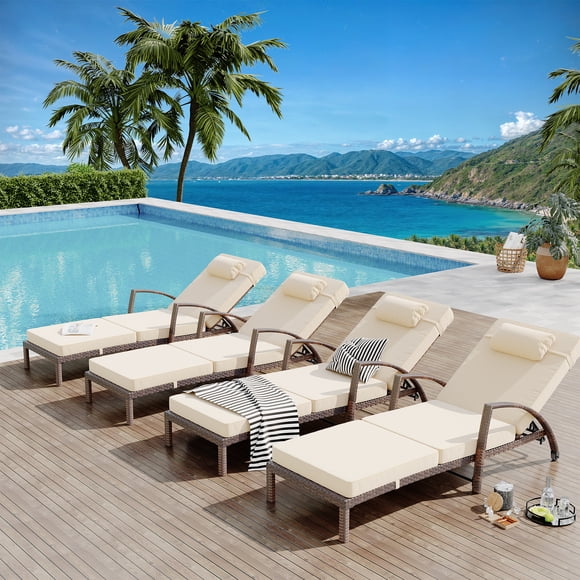 Set of 2 Outdoor Rattan Chaise Lounge Chairs, 5-Position Adjustable Recliners with Cushions & Wheels – All-Weather Patio Loungers for Backyard, Poolside – Peacock Blue / Red / Brown+Off-White