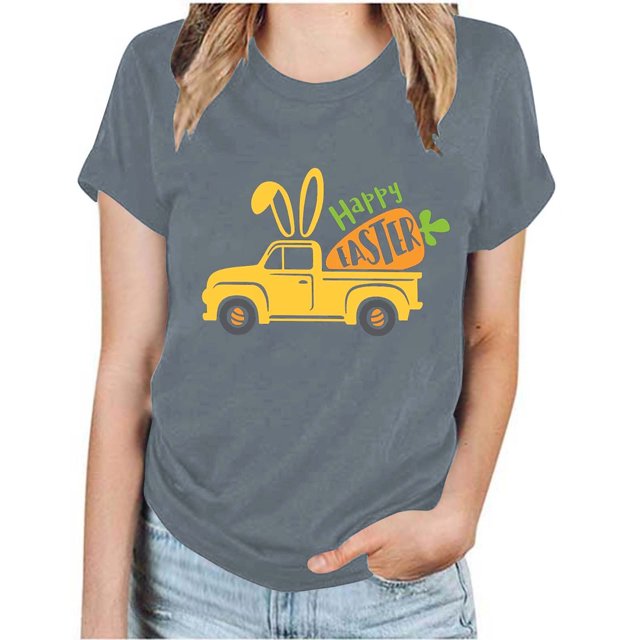 RKSTN Hauts Grande Taille pour Femmes Mode Été Col Rond Manches Courtes T-shirt Décontracté Ample Imprimé Graphique Voiture de Pâques