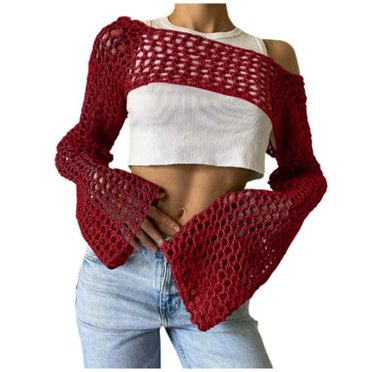 FhsagQ Women's Cover Up Camisoles & Tanks Plus Size Hollow out Knitted Sweater Solid Color Round Neck Long Sleeve Pulfor Women Cover Up for Women Bodysuit Women's Cover Up Sleep Cotton Red L