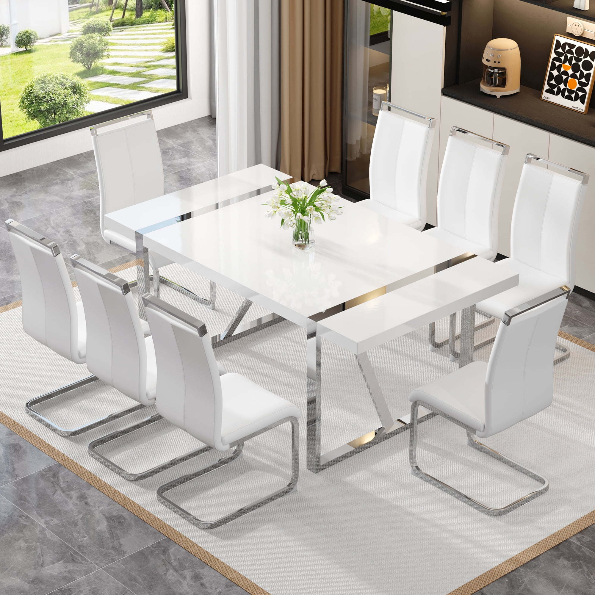 Noble House Industrial Rectangular Dining Table,2.3" Thick Wood Grain White MDF Top with Silver Metal Legs,White/Silver