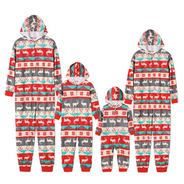 Kmbangi Parent-child Red Elk Printed Pattern Long Sleeve Hooded Jumpsuit
