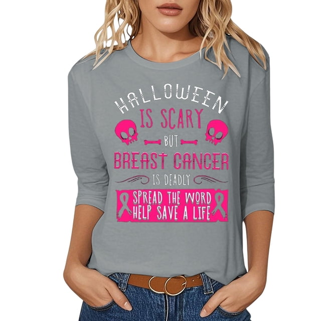 Fgnfyis T-Shirts pour Femmes, T-Shirt Graphique Élégant de Sensibilisation au Cancer pour un Usage Quotidien Décontracté, Haut à Col Rond Confortable avec Imprimé Inspirant pour le Printemps et l'Été, Hauts pour Femmes Gris P