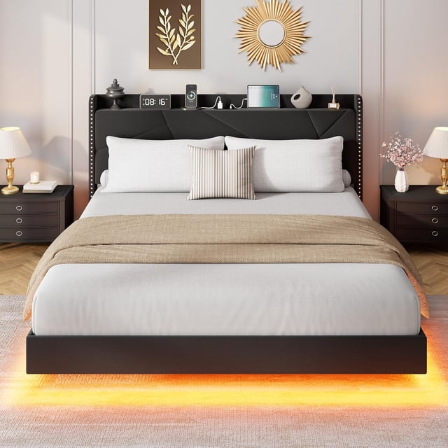 Modern Full Size Floating Bed Frame with LED Lights and Charging Station – Upholstered Storage Headboard, Folding Shelves, Metal Slats, No Box Spring Needed – FULL Black