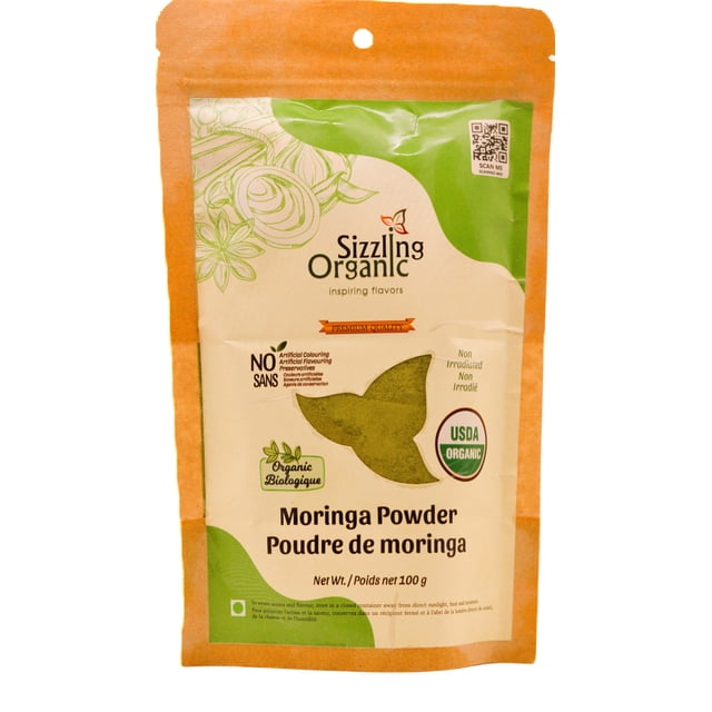 Organic Moringa Powder (100g) by Sizzling Organic in a resealable pouch. USDA Certified Organic, non-GMO, vegan, and gluten-free. The packaging highlights its natural ingredients, free from artificial additives, preservatives, or fillers. Suitable for smoothies, teas, and recipes.