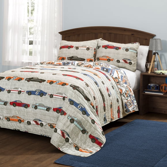 Lush DAcor Lush Decor Beige Race car Kids 2-Piece Quilt Reversible Bedding Set for Boys (Twin) BlueOrange