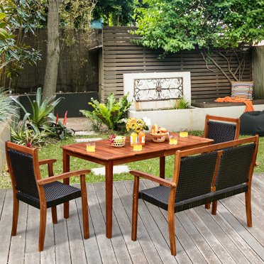 Gymax 4PCS Patio Dining Set Acacia Wood Rattan Furniture Set w/ Umbrella Hole