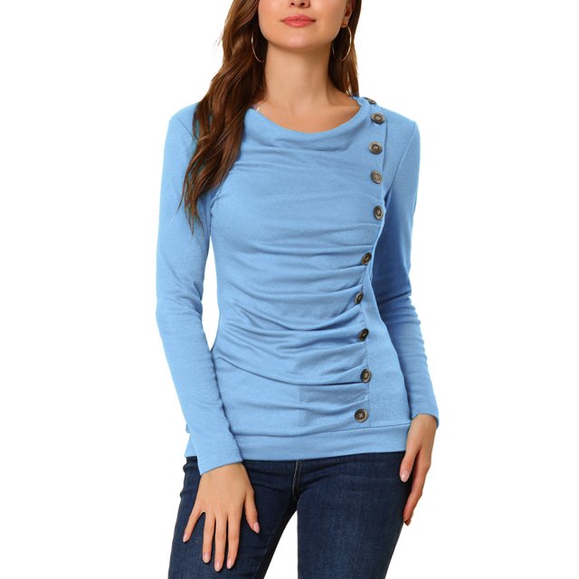 INSPIRE CHIC Women's Cowl Neck Buttons Decor Long Sleeves Ruched Top