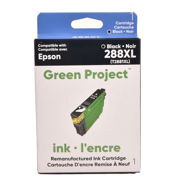 Green Project Epson 288 XL Black Remanufactured Ink Cartridge box showing front packaging with black and green text, compatible with Epson printers, featuring a black ink cartridge image and bilingual English-French labeling, suitable for eco-friendly, high-yield printing.