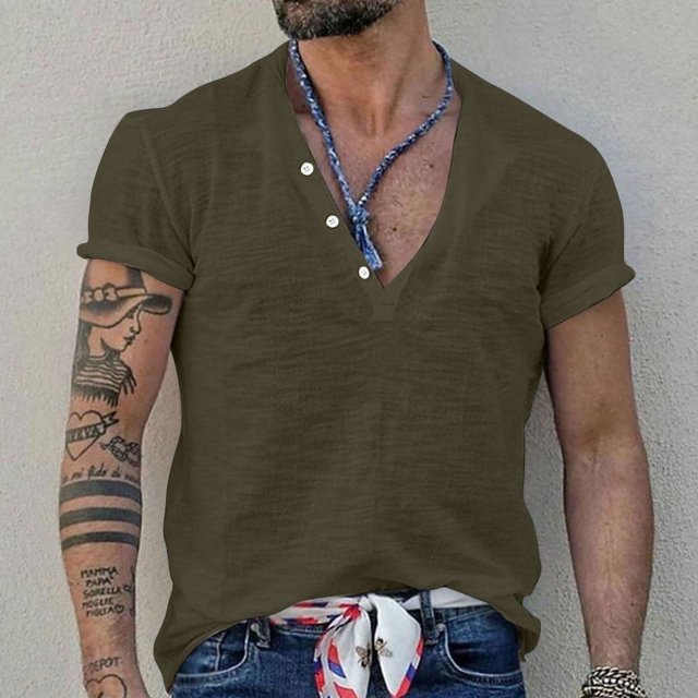 Lolmot Shirts for Men, Mens Solid Color Fallow Button Round Neck Sports Short Sleeve Shirt